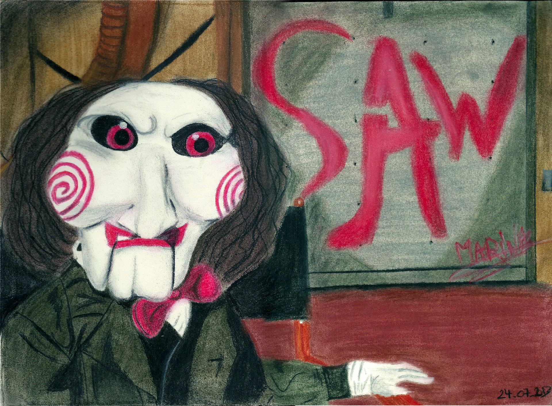 Dessin Pastel Saw 40x30cm • Projet Personnel • Juillet 2013 Dessin pastel de la marionnette Billy de 'Saw', avec le texte 'SAW' en arrière-plan