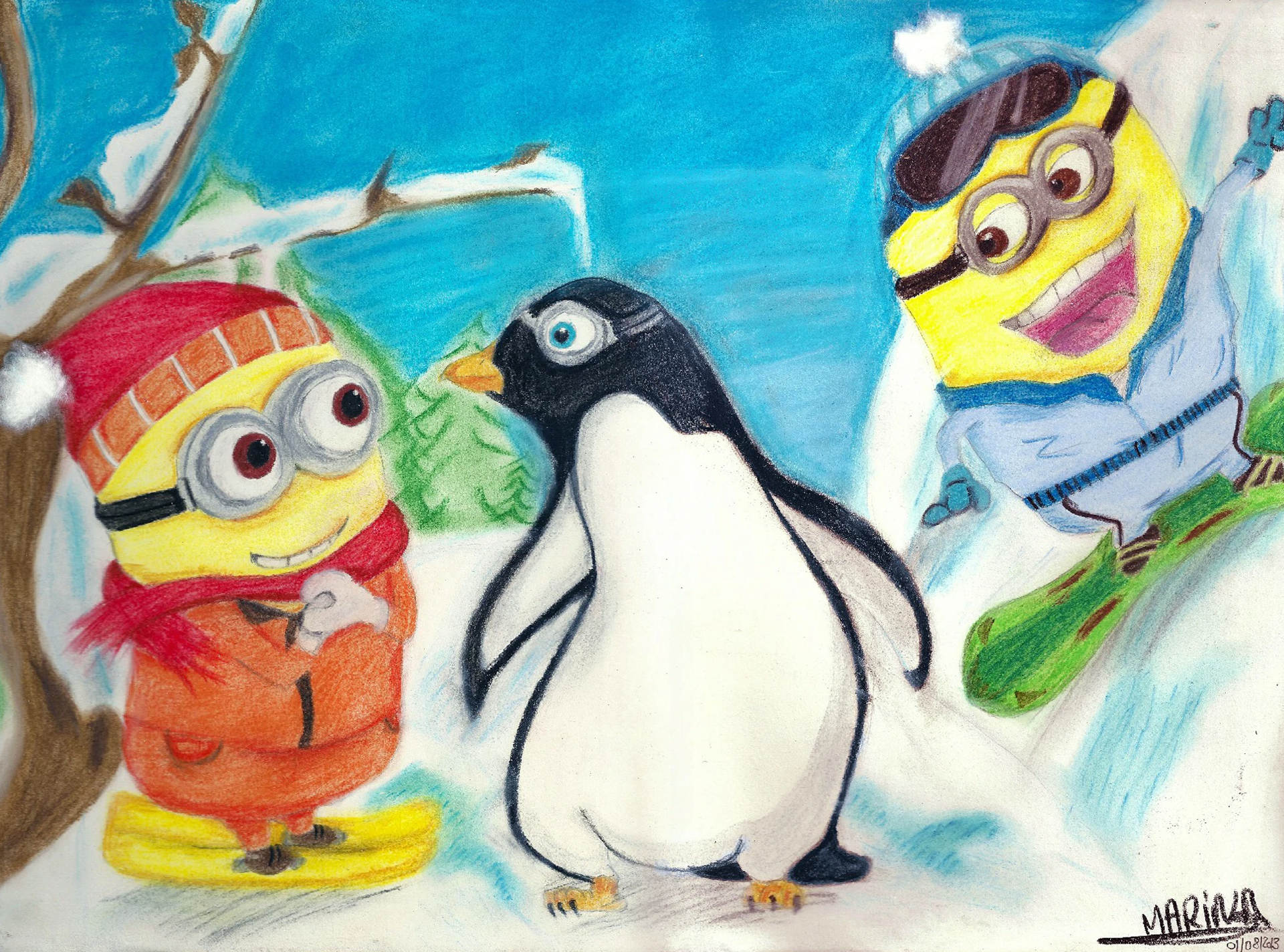 Dessin Pastel Minions 40x30cm • Commande privée • Août 2013 Dessin pastel de deux Minions et un pingouin s'amusant à la montagne enneigée