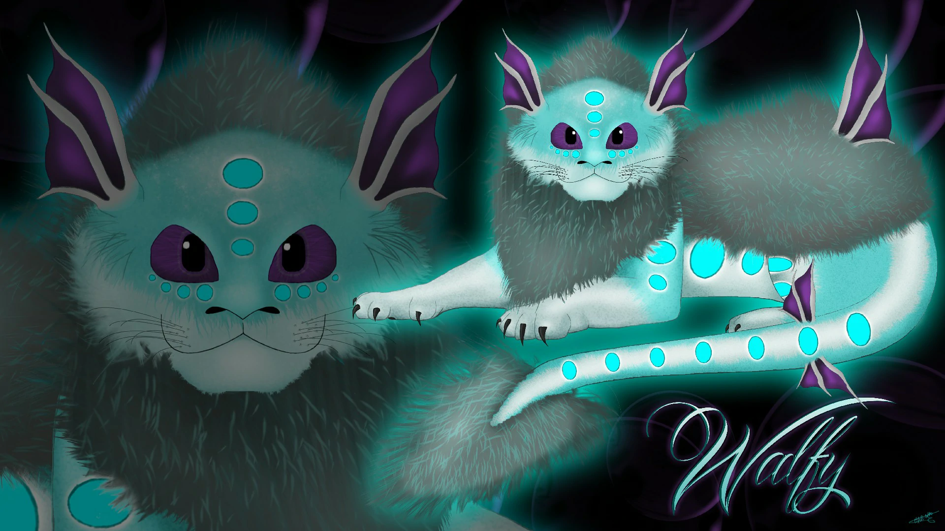 Illustration Digitale Walfy Photoshop • Projet Personnel • Juillet 2014 Illustration digitale, chat ou lion hybride lumineux bioluminescents dans une forêt sombre