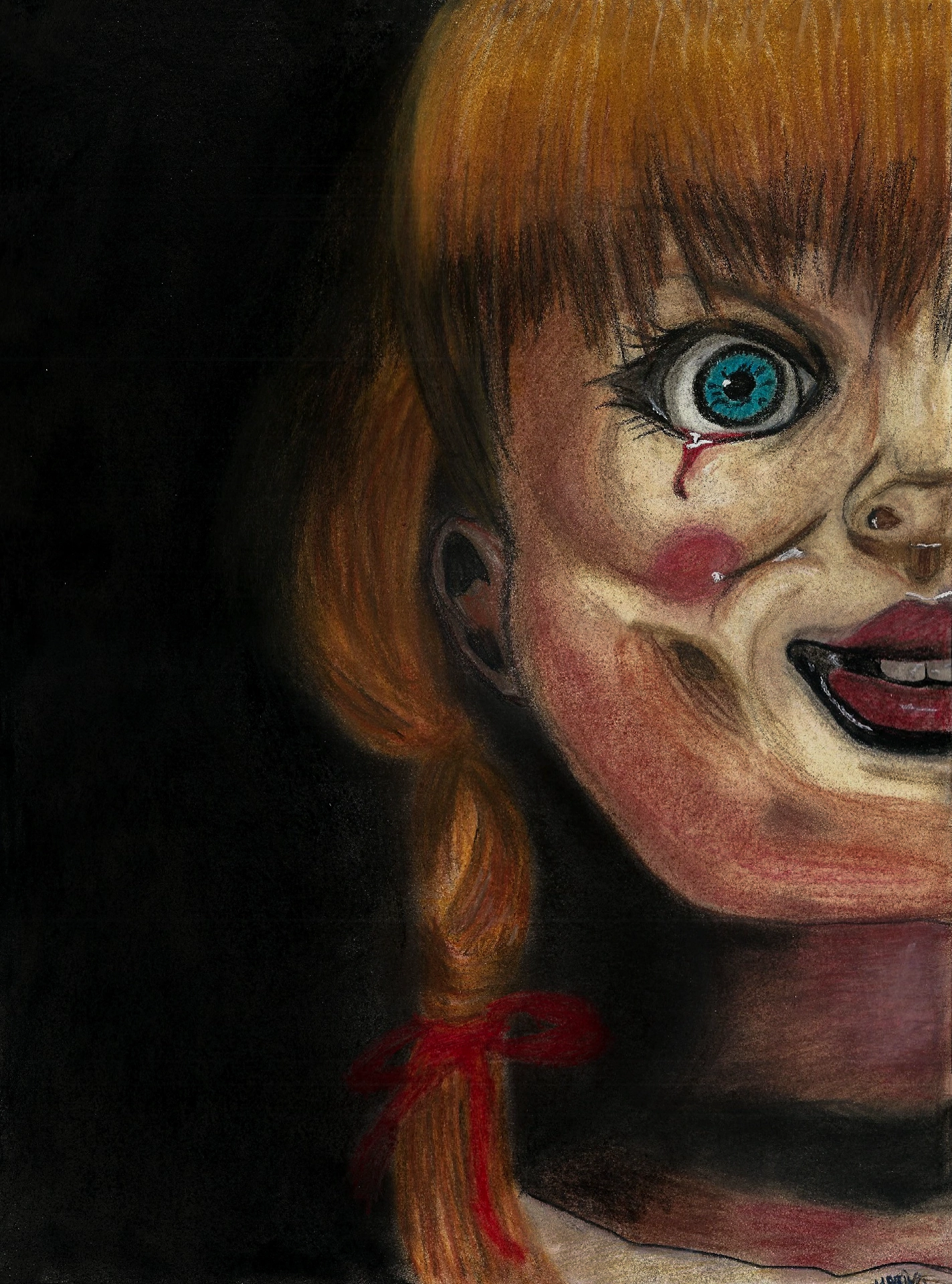 Dessin Pastel Annabelle 40x30cm • Projet Personnel • Octobre 2014 Dessin pastel en gros plan de la poupée Annabelle, montrant son visage terrifiant de profil