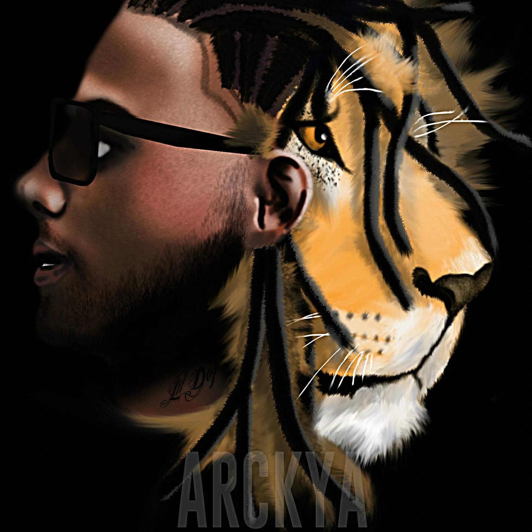 Illustration Digitale Lil'Def Photoshop • Commande privée • Février 2017 Illustration digitale, portrait combiné d'un homme barbu de profil et d'un lion,