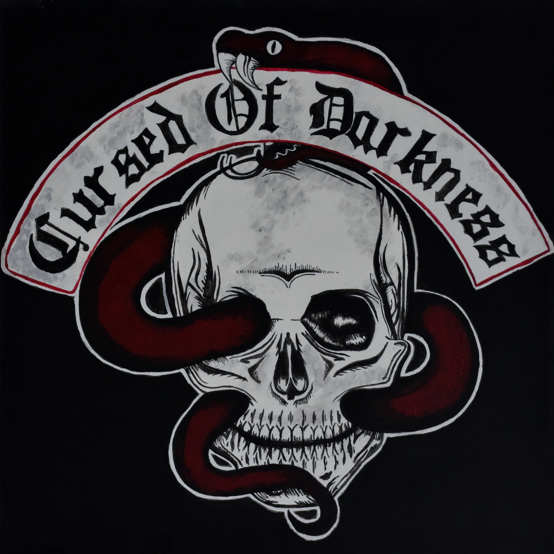 Peinture Cursed Of Darkness 50x50cm • Projet Personnel • Juillet 2017 Dessin pastel d'un crâne avec un serpent enroulé, et le texte 'Cursed Of Darkness' en arrière-plan