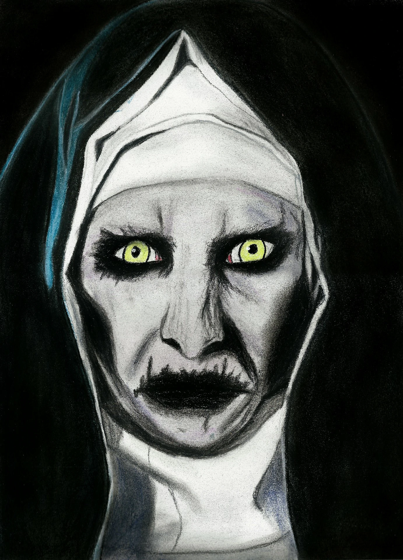 Dessin Pastel Valak 30x40cm • Projet Personnel • Février 2018 Dessin pastel réaliste de la nonne Valak de 'Conjuring', en gros plan avec des yeux jaunes effrayants