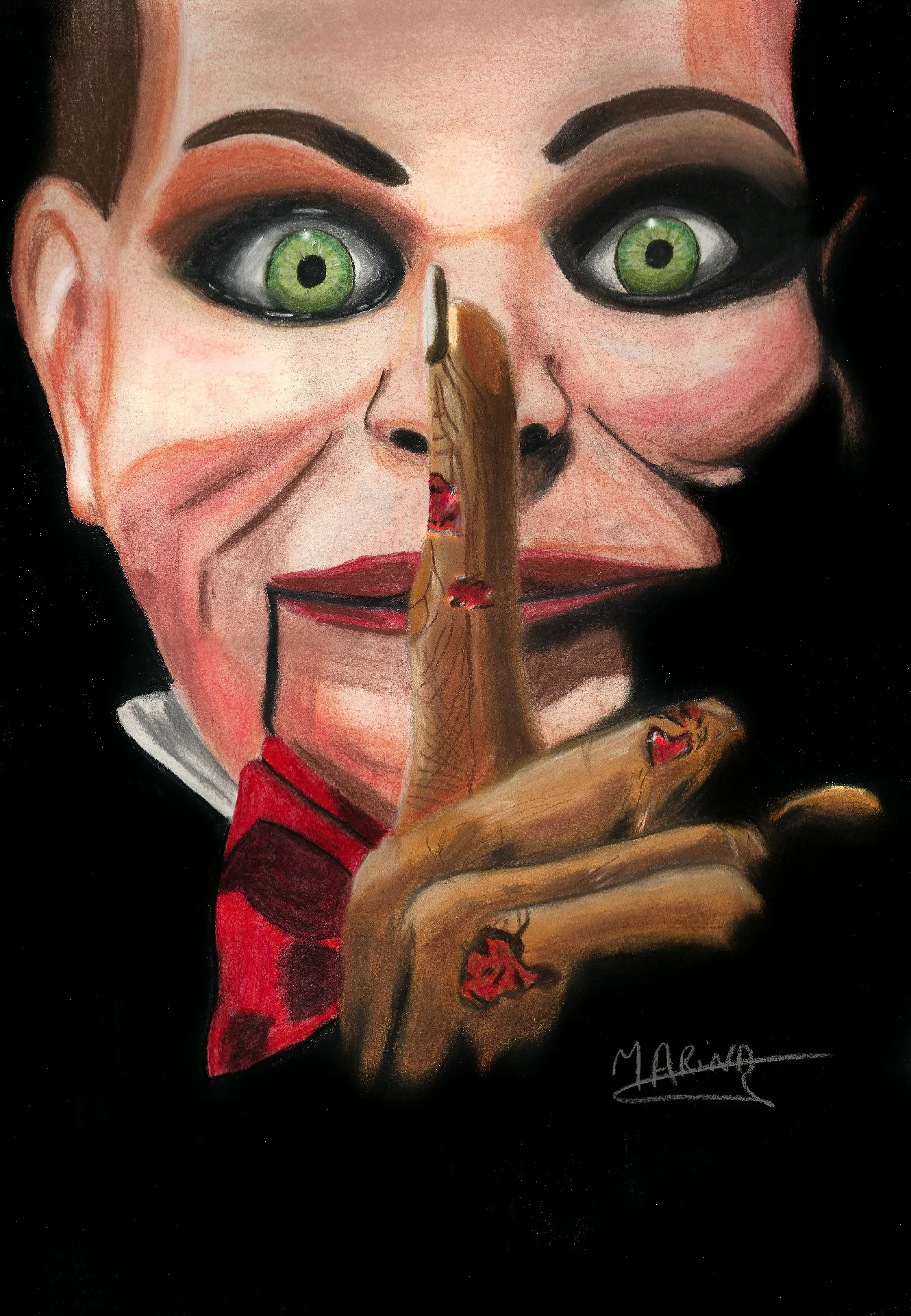Dessin Pastel Billy 30x40cm • Projet Personnel • Octobre 2018 Dessin pastel du pantin Billy en gros plan, avec un doigt sur les lèvres pour signifier 'chut'