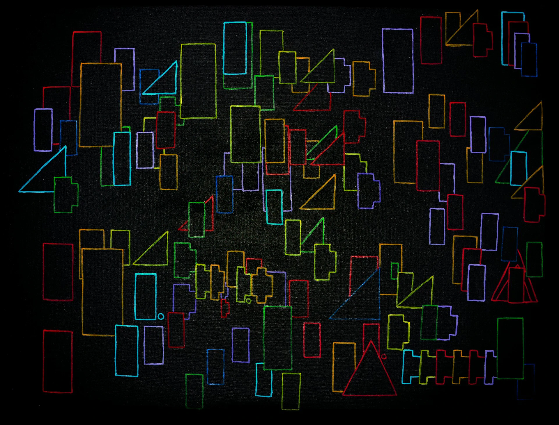 Peinture Musique Picturale - Malinconia 80x60cm • Projet Personnel • Octobre 2018 Peinture acrylique abstraite, contours de formes de multicolores sur fond noir