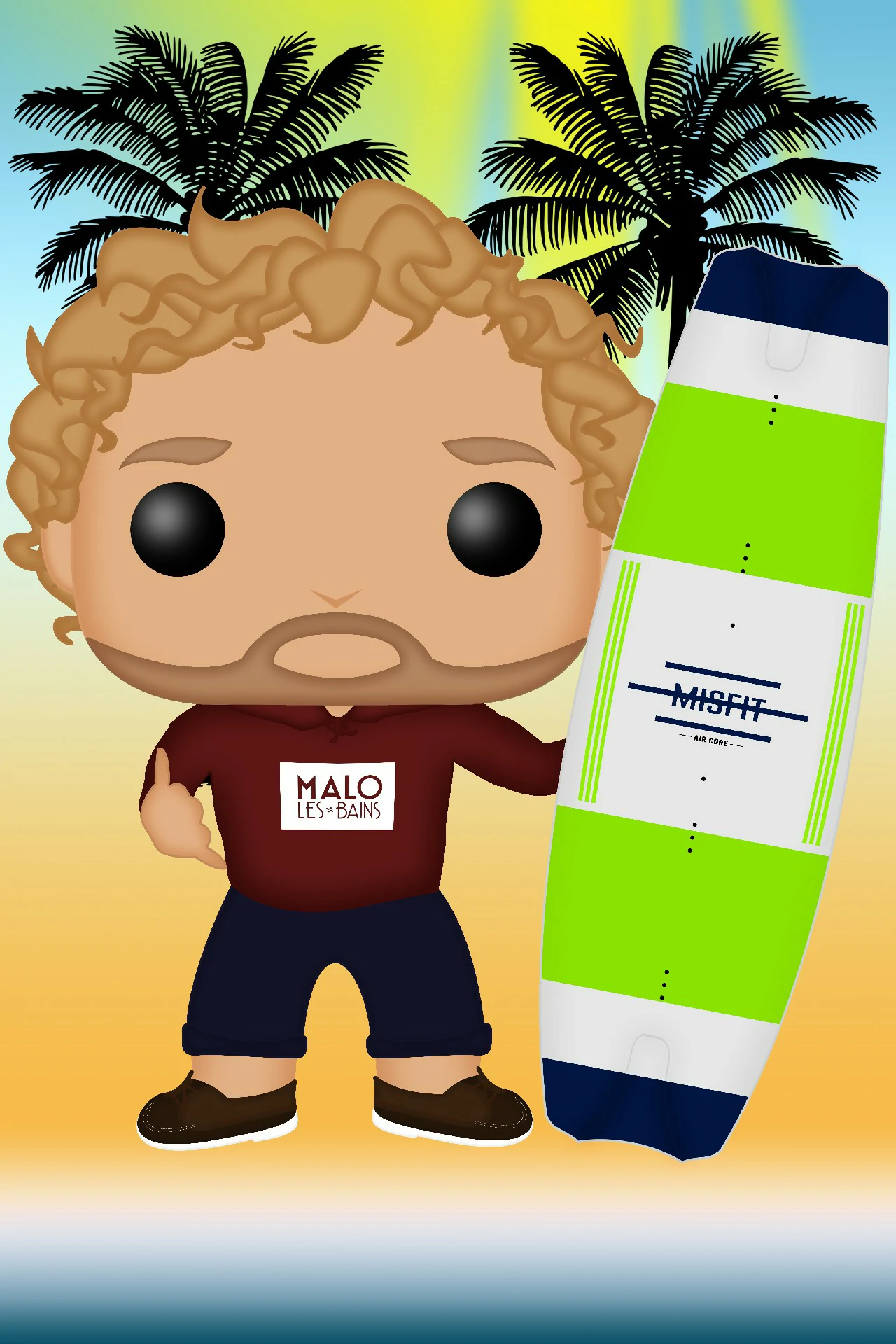 Illustration Digitale Funko Pop Anne Victor Photoshop • Commande privée • Décembre 2018 Illustration digitale style Pop de Victor, un homme blond avec une planche de surf verte et blanche, sur un fond de plage avec des palmiers