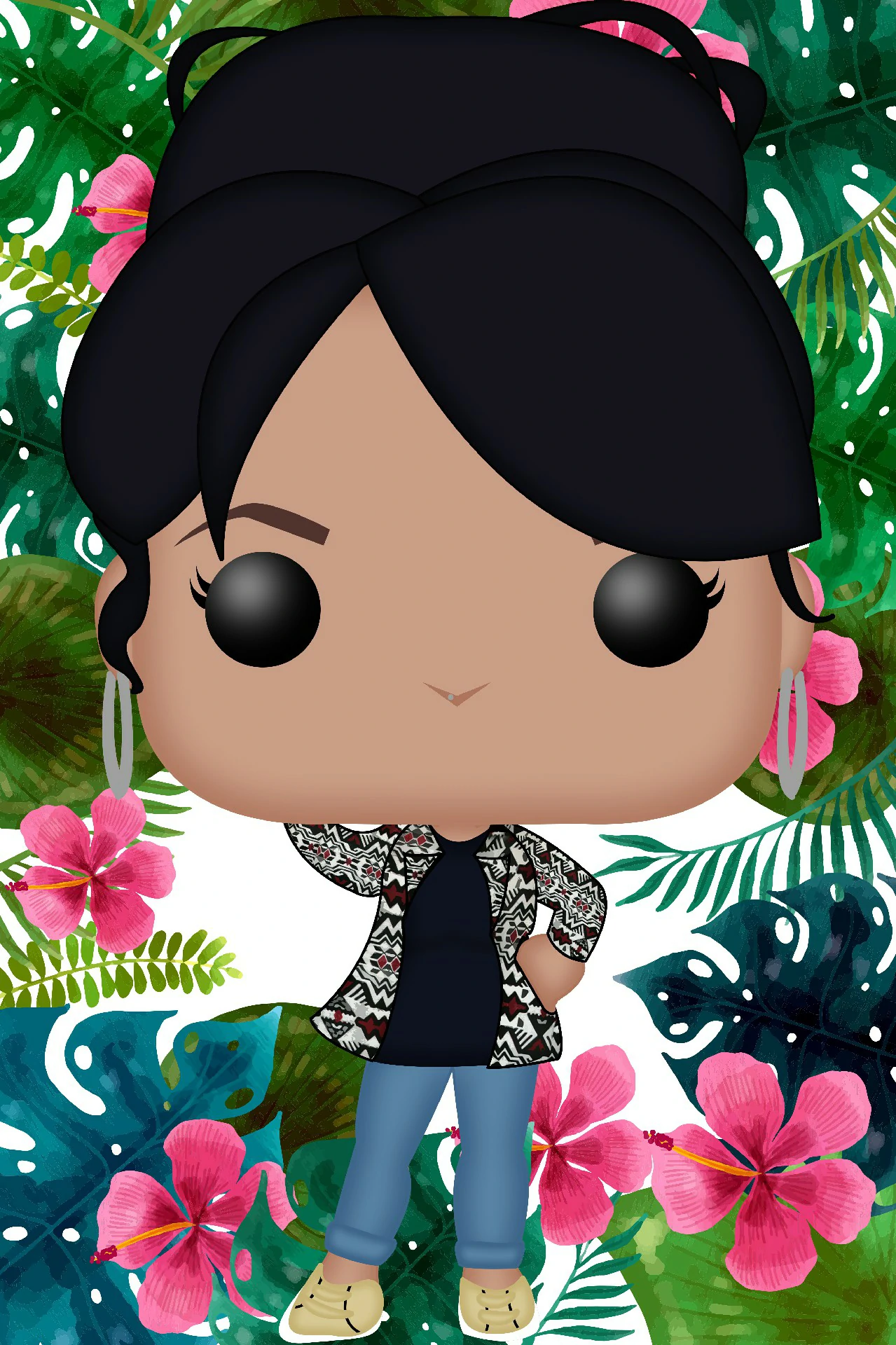 Illustration Digitale Funko Pop Anne Sophie Photoshop • Commande privée • Mai 2019 Illustration digitale style Pop d'Anne-Sophie, une femme aux cheveux noirs en chemise à motifs floraux sur un fond tropical avec des palmiers et des fleurs