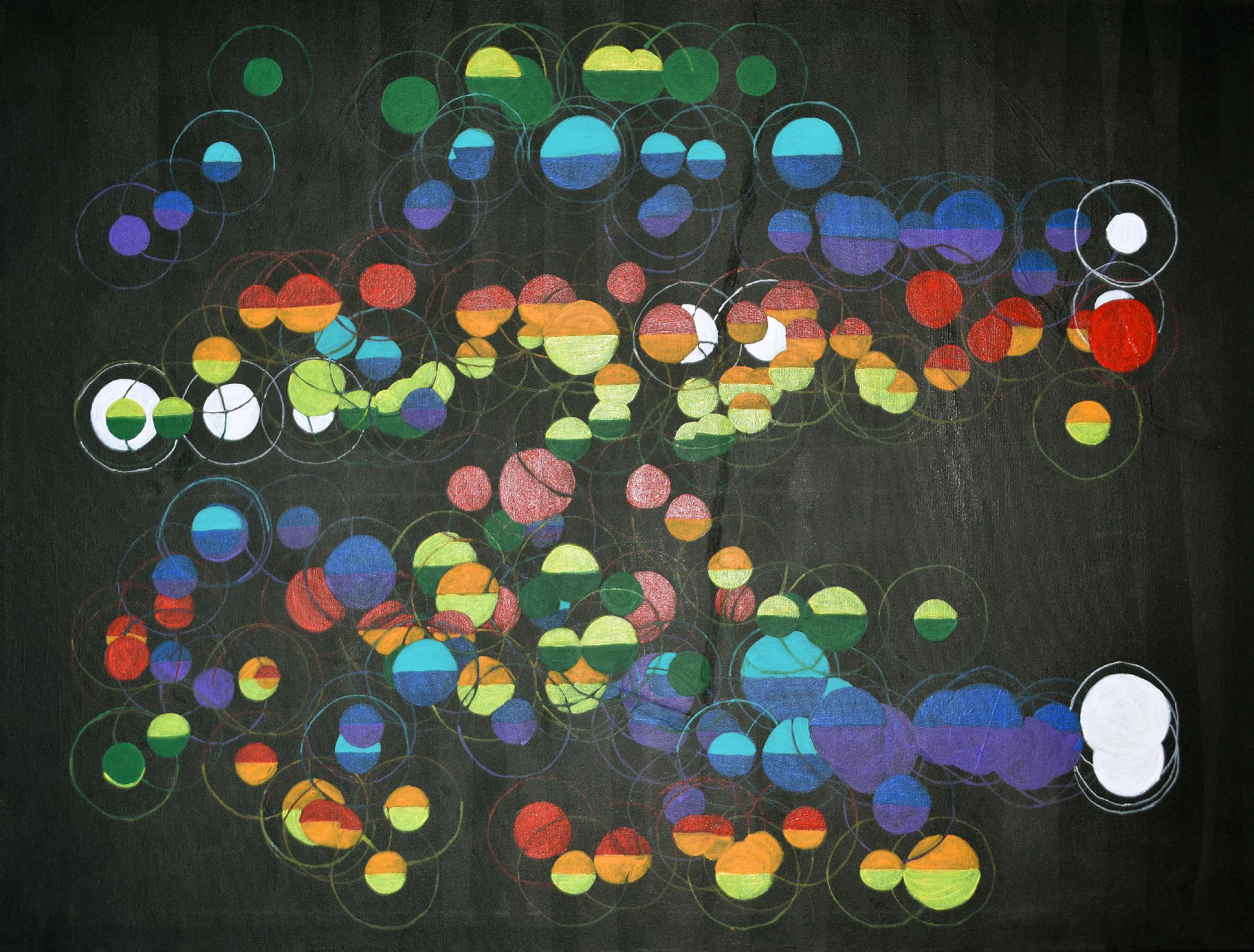 Peinture Musique Picturale - Au Bord De l'Eau 100x80cm • Projet Personnel • Mai 2019 Peinture acrylique abstraite, motif de points et cercles de couleur dégradés sur fond noir