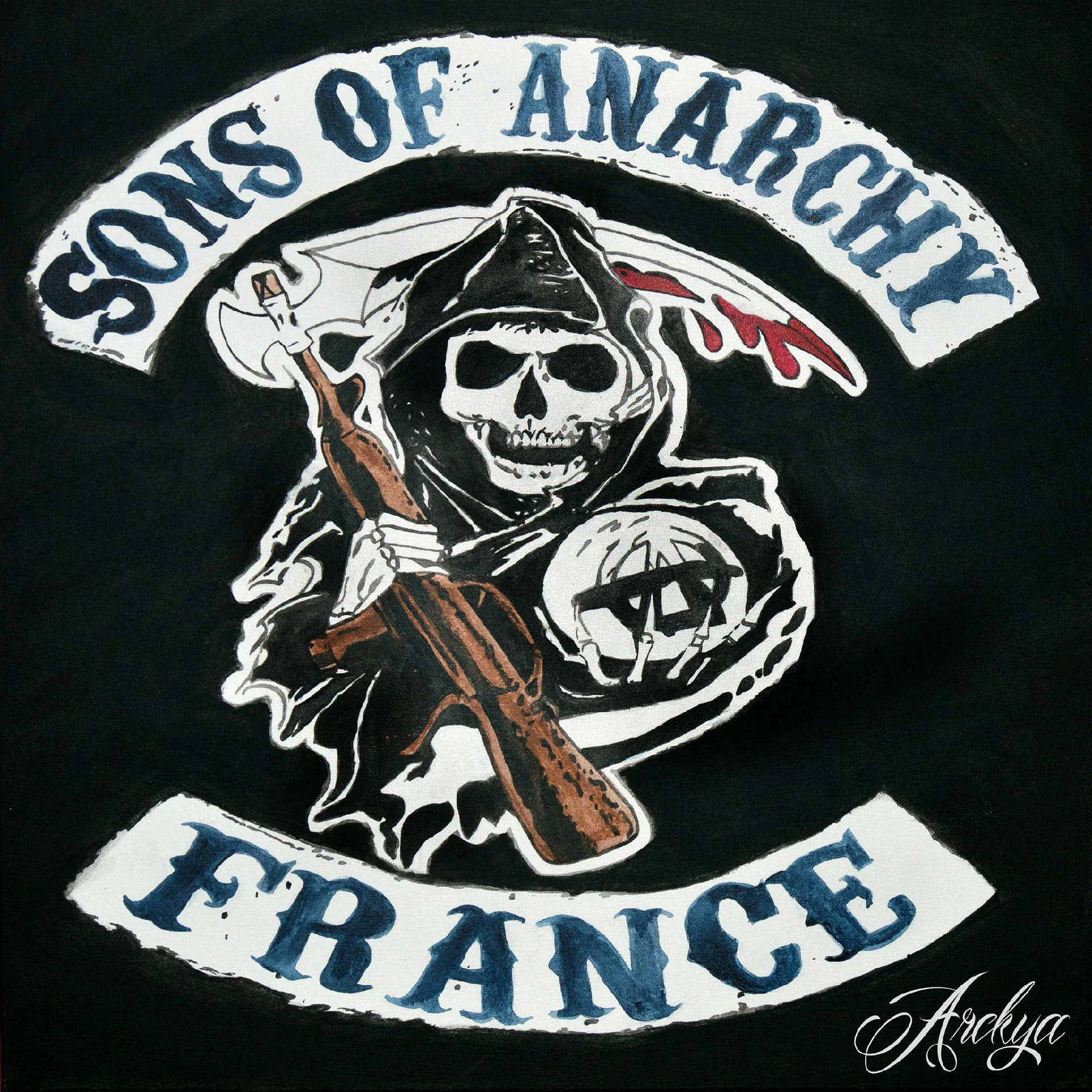 Peinture SAMFRA 50x50cm • Commande privée • Mai 2019 Peinture acrylique du logo de Sons of Anarchy France : crâne avec une capuche et une faux, entouré du texte 'SONS OF ANARCHY FRANCE