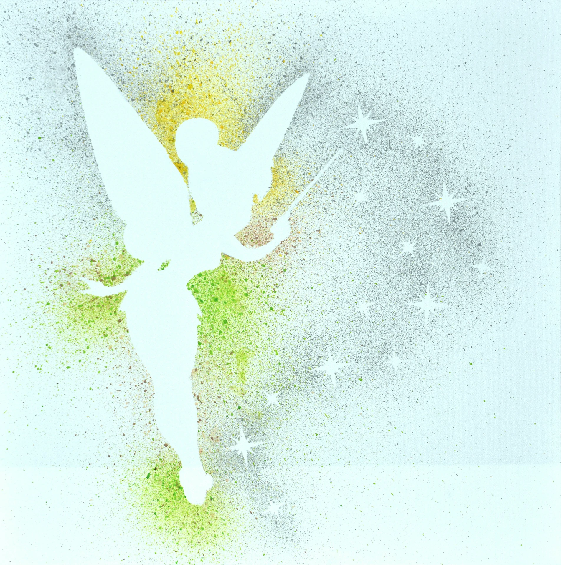 Peinture Fée Clochette 50x50cm • Commande privée • Décembre 2019 Peinture acrylique, silhouette lumineuse et pailletée de la Fée Clochette avec des étoiles