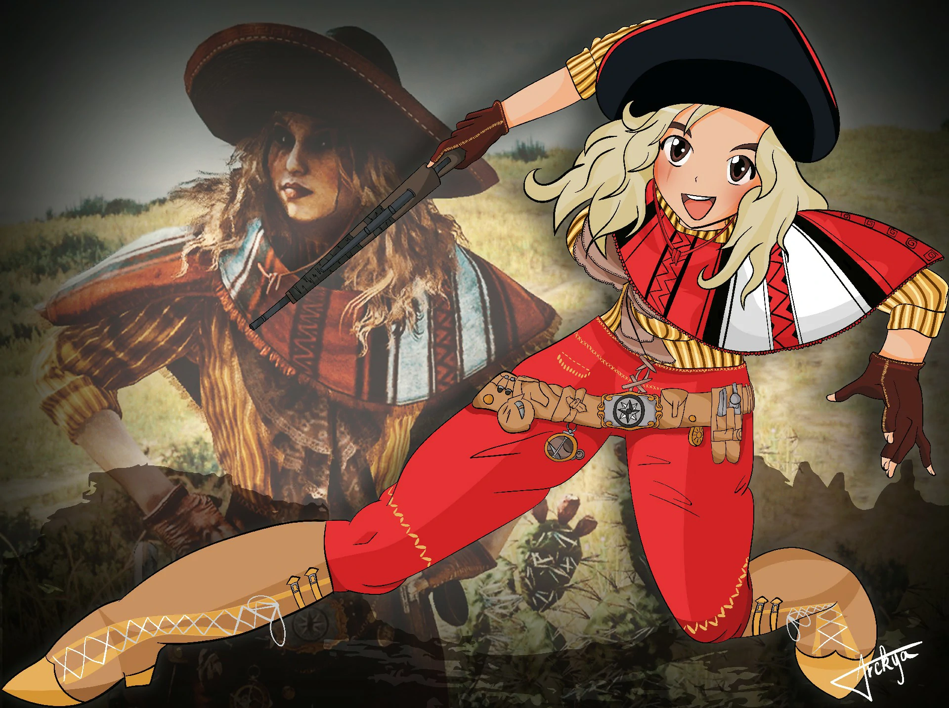 Illustration Digitale Konata Photoshop • Commande privée • Décembre 2019 Illustration digitale style anime d'un personnage dans une armure légère et une tenue de cow boy, Read Dead Redemption II RDRII, à cheval dans un champ