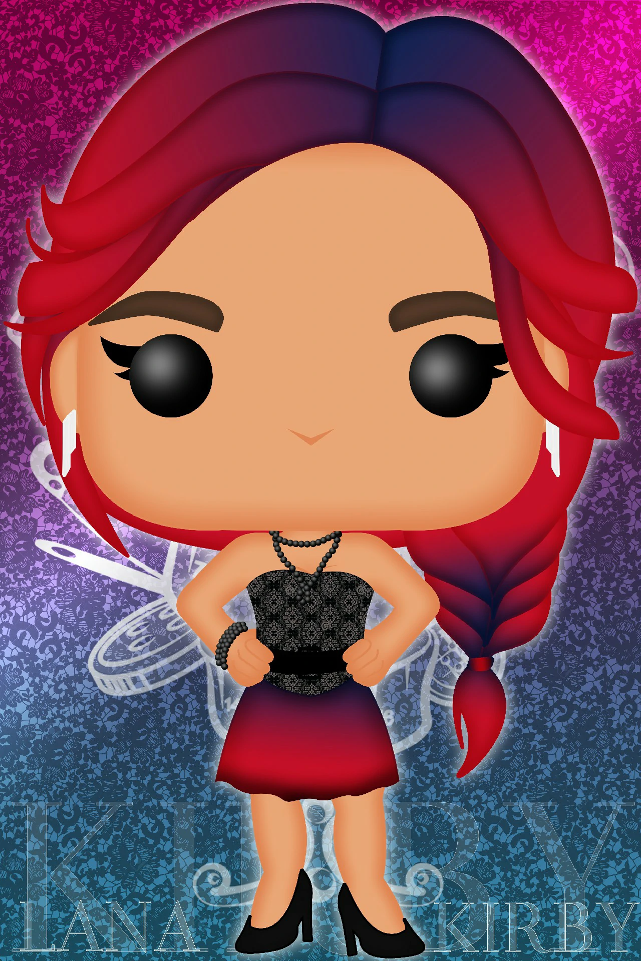 Illustration Digitale Funko Pop Lana Kirby Photoshop • Projet Personnel • Septembre 2020 Illustration digitale style Pop de Lana, une femme aux cheveux roux en robe de dentelle noire, avec son nom 'LANA' et 'KIRBY' stylisés en arrière-plan