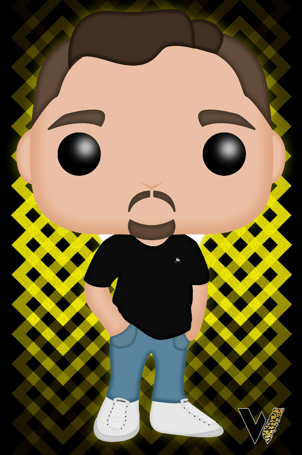 Illustration Digitale Funko Pop Warsh Photoshop • Commande privée • Janvier 2022 Illustration digitale style Pop de Warsh, un homme barbu en t-shirt noir sur un fond géométrique jaune et noir