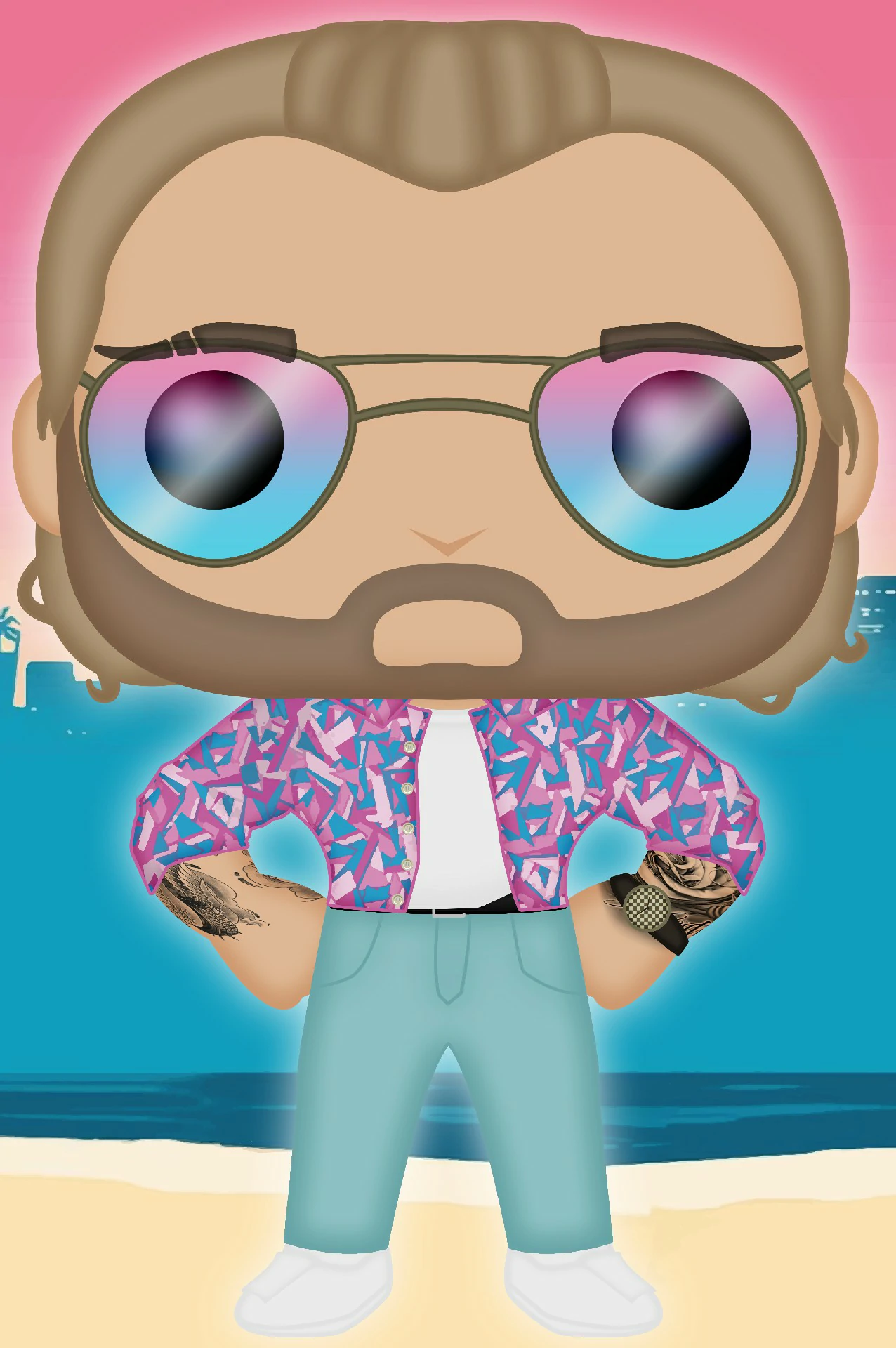 Illustration Digitale Funko Pop Mike Cooper Photoshop • Commande privée • Avril 2022 Illustration digitale style Pop de Mike Cooper, un homme barbu à la plage avec des lunettes de soleil réfléchissantes, une chemise à motifs et un fond de mer
