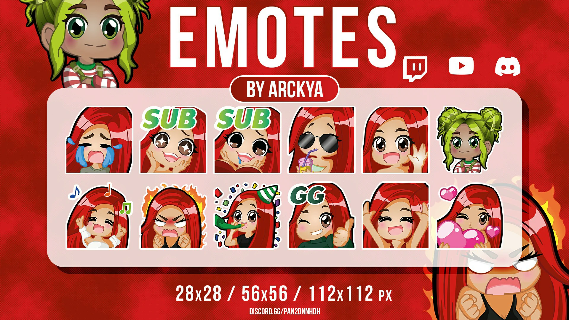 Illustration Digitale Emote Leona Illustrator • Commande privée • Décembre 2023 Bannière d'illustration digitale montrant une collection d'emotes de personnage pour 'Leona', avec des variations d'expression, des badges de souscription