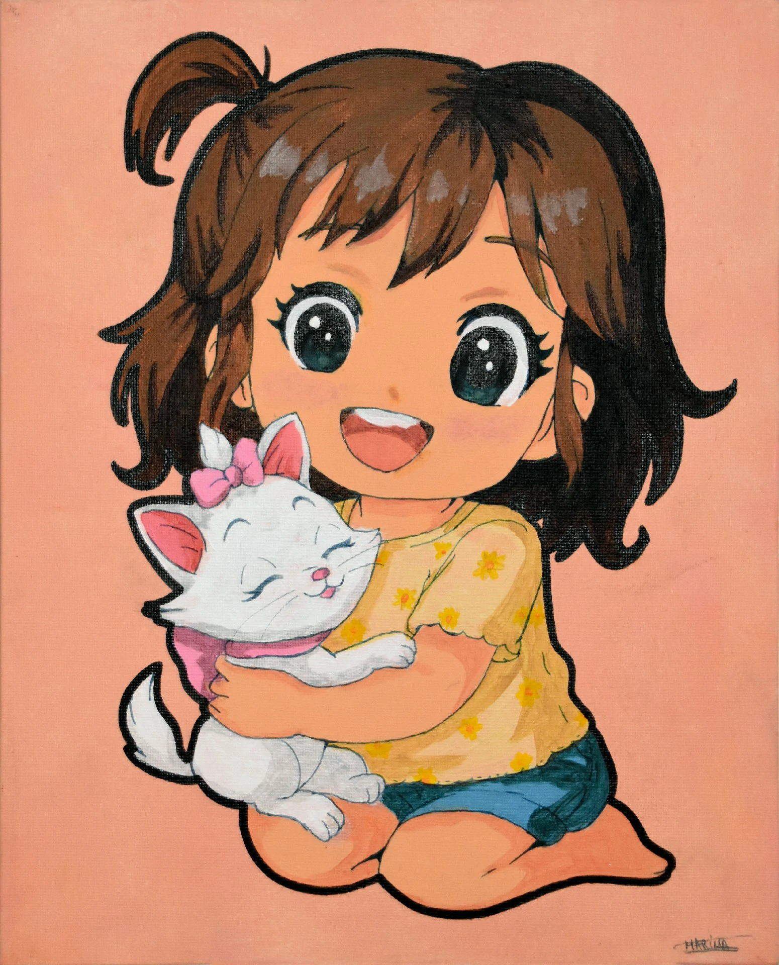 Peinture Cléo 4x32cm • Commande privée • Décembre 2025 Peinture acrylique d'une petite fille style anime avec une queue de cheval, tenant un chaton blanc avec un nœud rose, sur fond corail