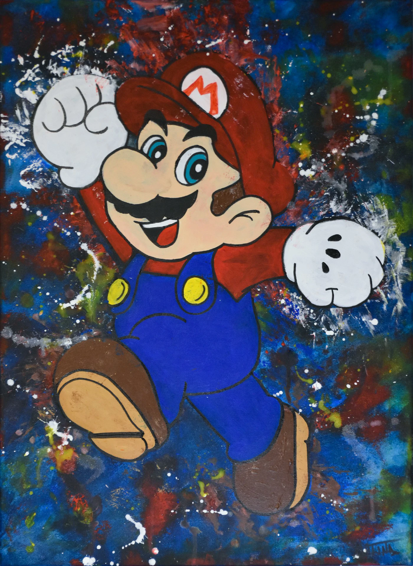 Peinture Mario 50x70cm • Commande privée • Décembre 2025 Peinture acrylique de Super Mario sautant, avec un arrière-plan éclaboussé de bleu et rouge