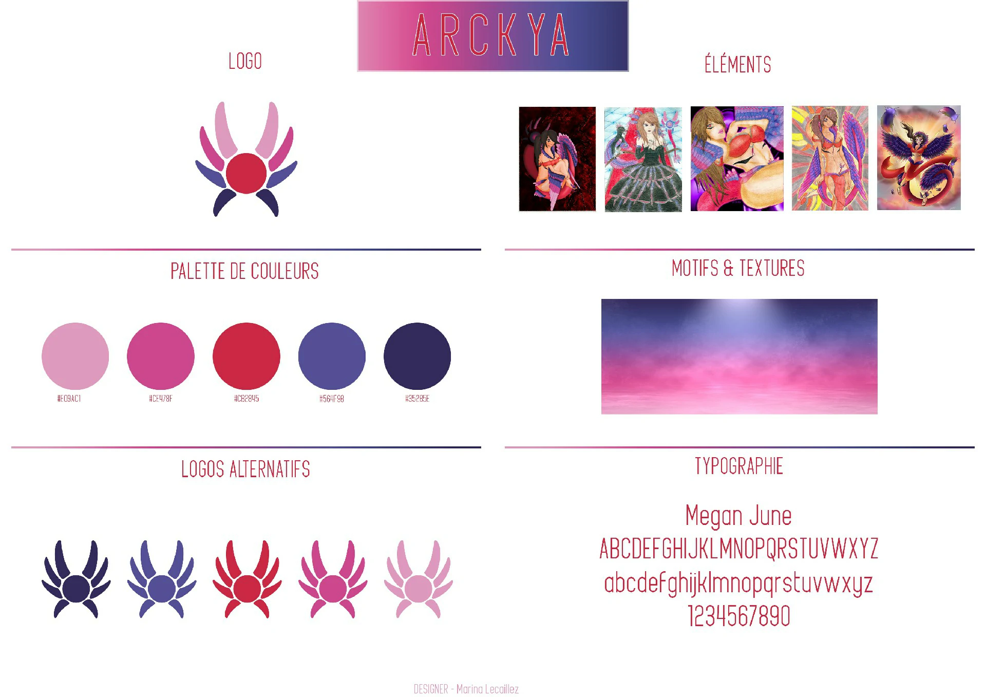Charte Graphique Planche de marque Arckya avec logo ailé, palette de couleurs dans les tons roses et violets, et typographie