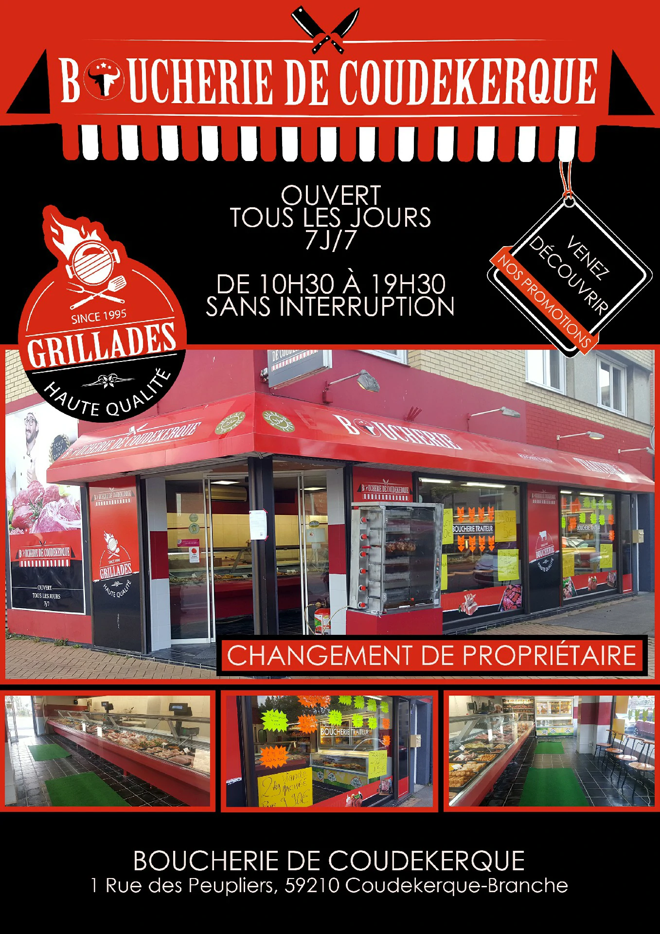 Affiche rouge de la Boucherie de Coudekerque annonçant un changement de propriétaire avec des photos de la vitrine