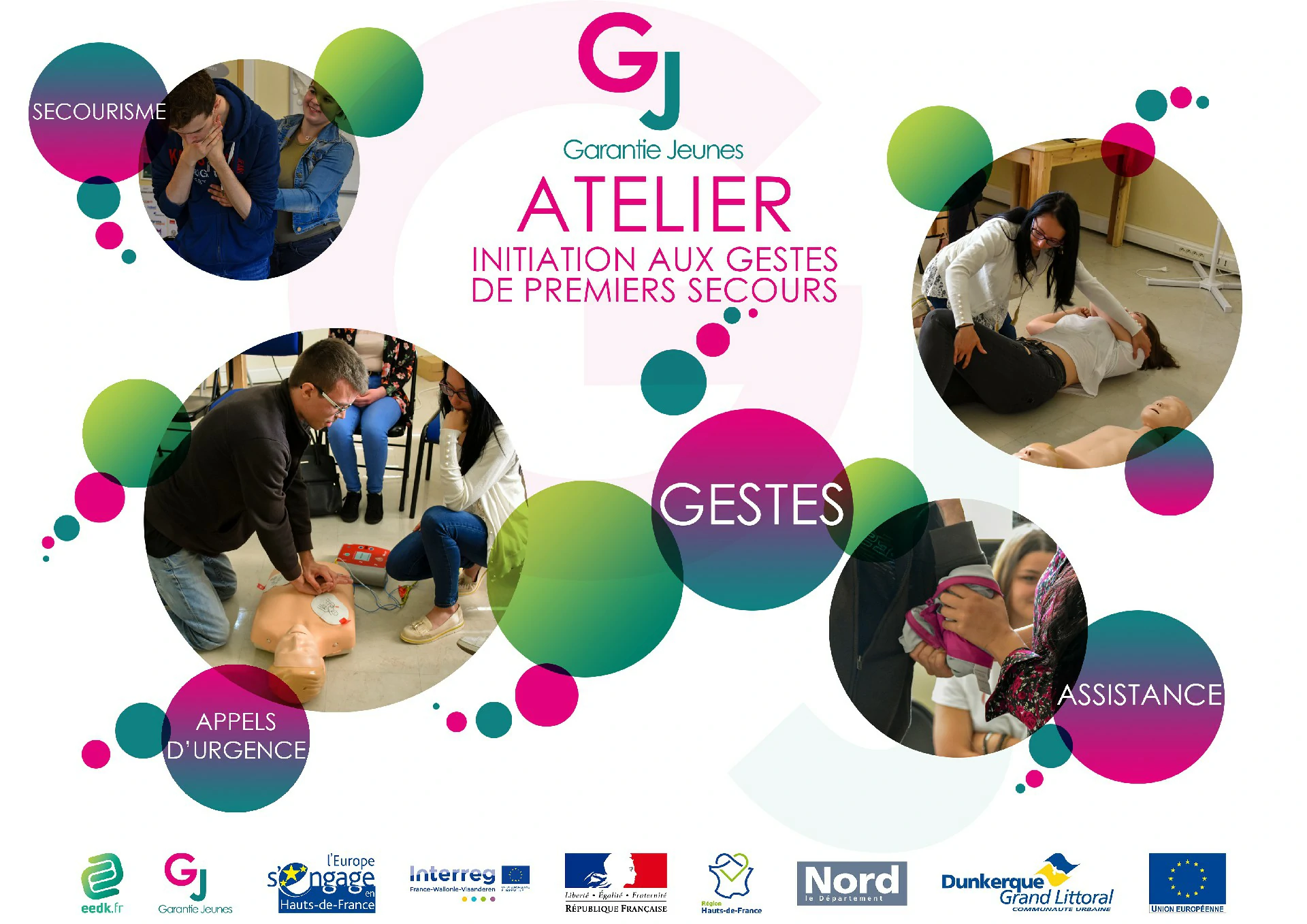 Affiche promotionnelle pour un atelier d'initiation aux gestes de premiers secours