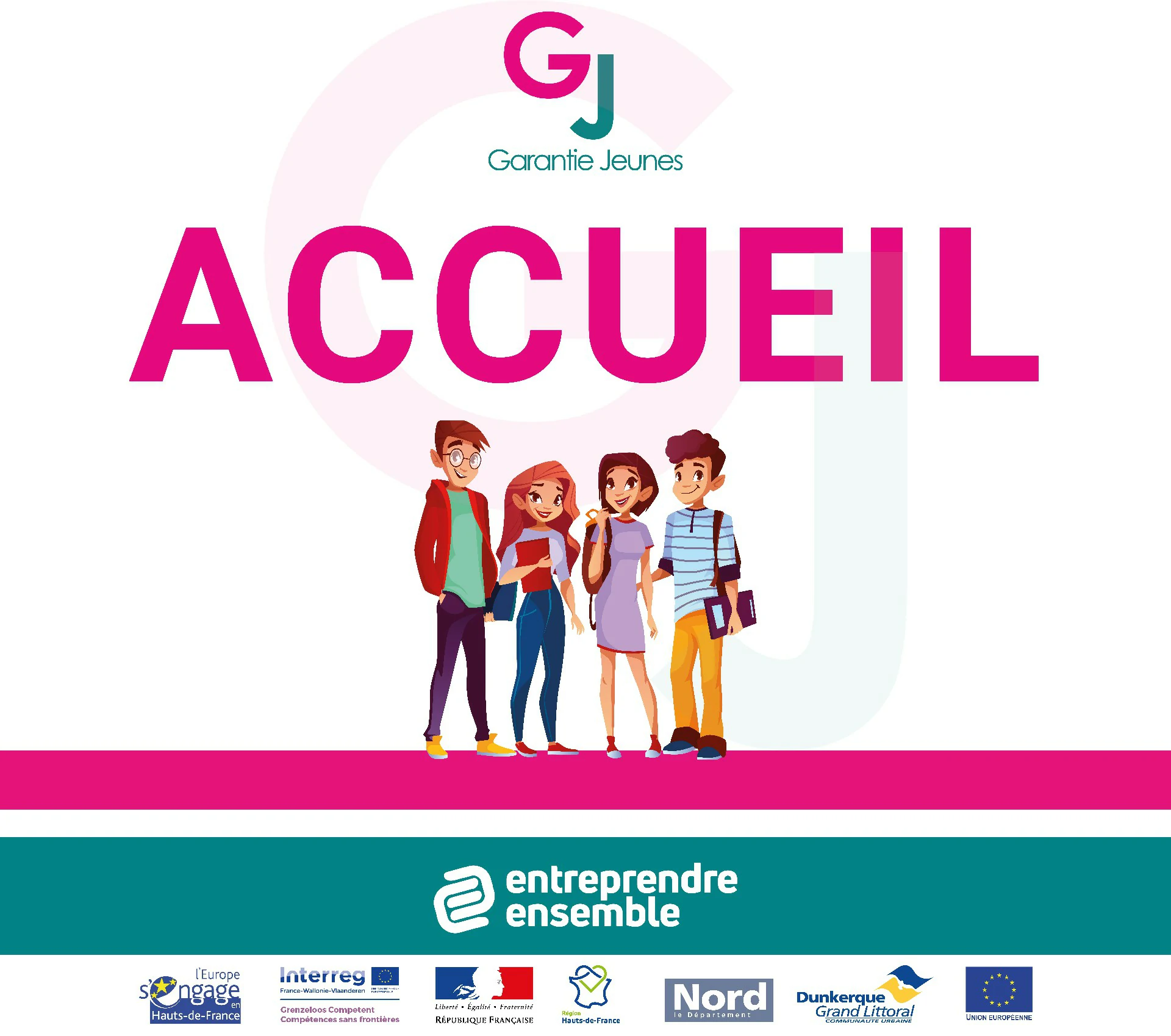 Panneau Forex Borne d'accueil de la Garantie Jeunes avec une illustration de jeunes