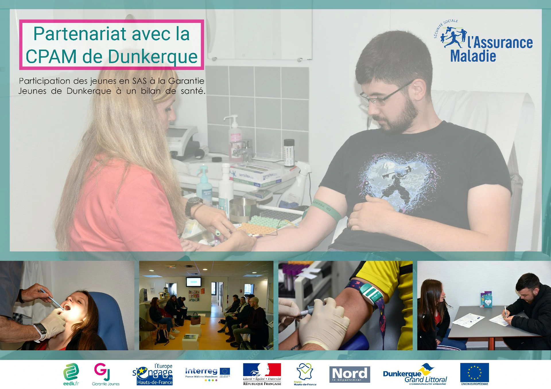 Affiche d'information sur le partenariat entre la Garantie Jeunes et la CPAM de Dunkerque