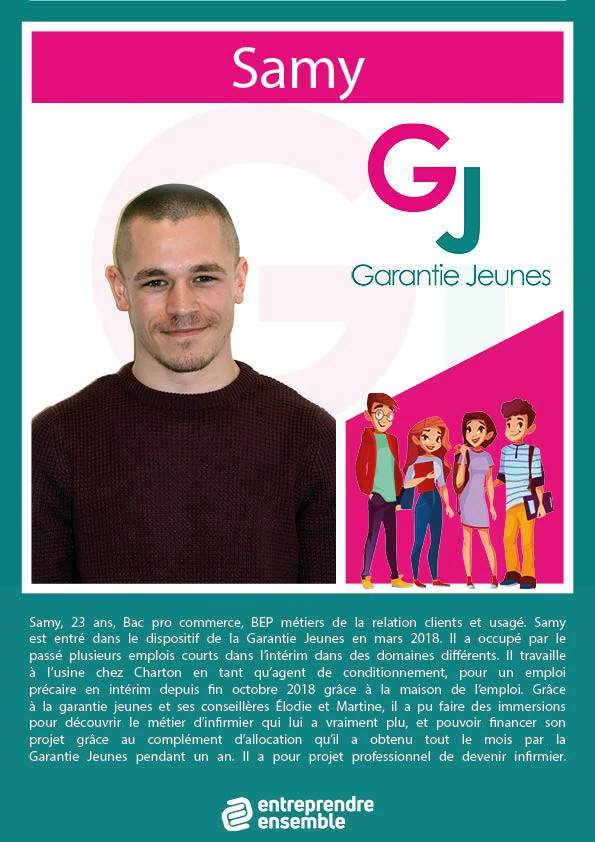 Portrait Entreprendre Ensemble Affiche présentant le parcours de Samy, un jeune accompagné par la Garantie Jeunes