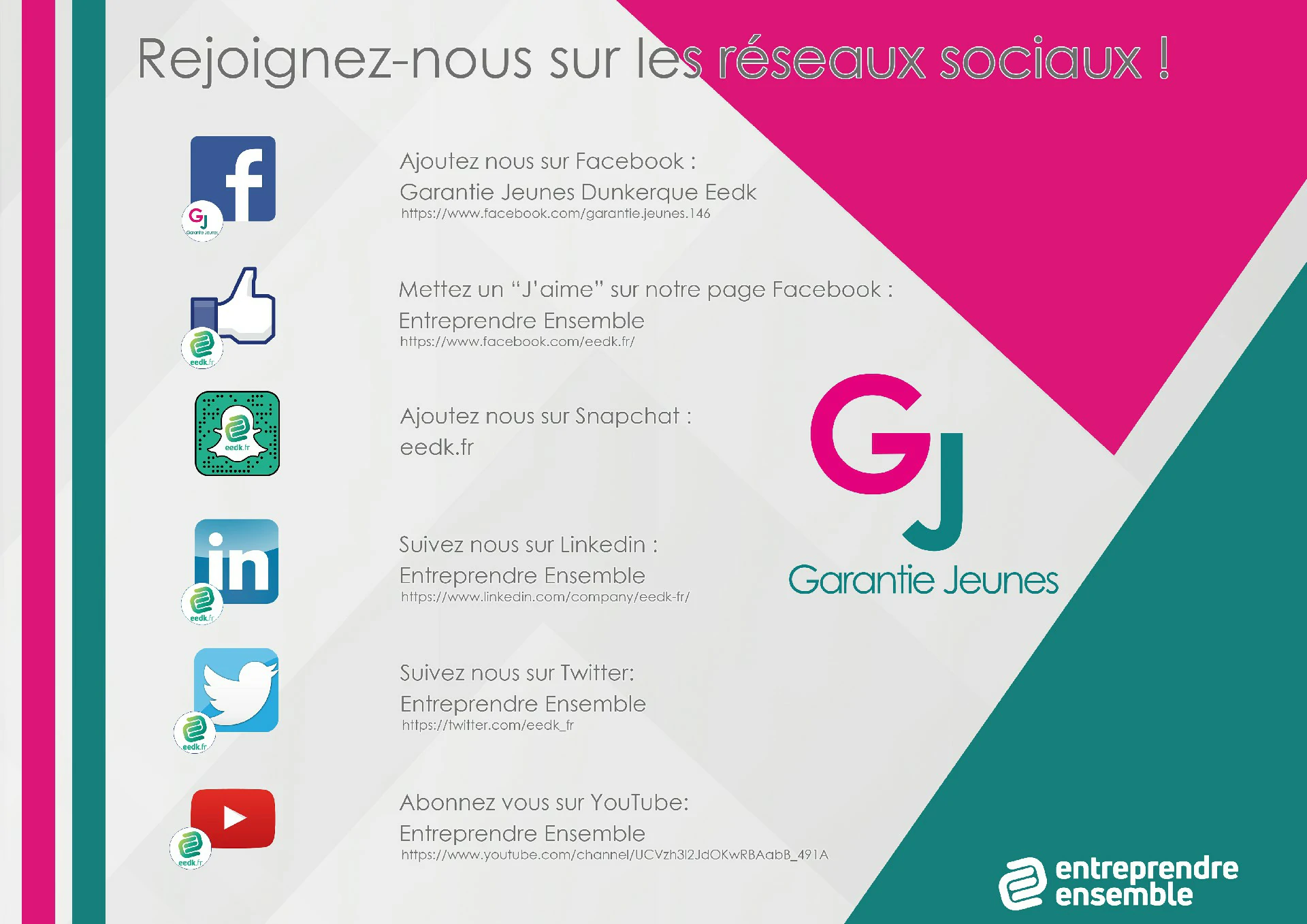 Affiches Réseaux Sociaux Entreprendre Ensemble Affiche incitant à rejoindre les réseaux sociaux d'Entreprendre Ensemble