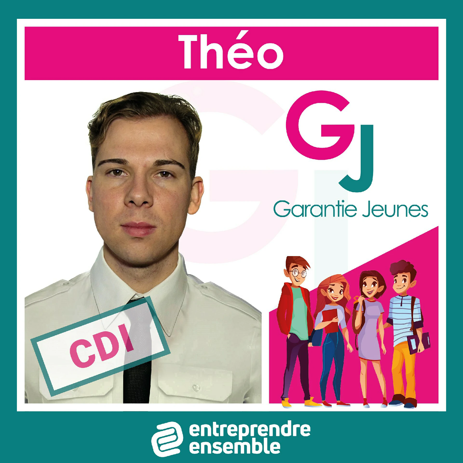 Publication Facebook Entreprendre Ensemble Affiche Garantie Jeunes célébrant la signature du CDI de Théo