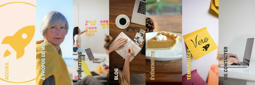 éléments Véronique Lebreton Bannière web de Véronique Lebreton montrant différentes sections illustrées de son activité