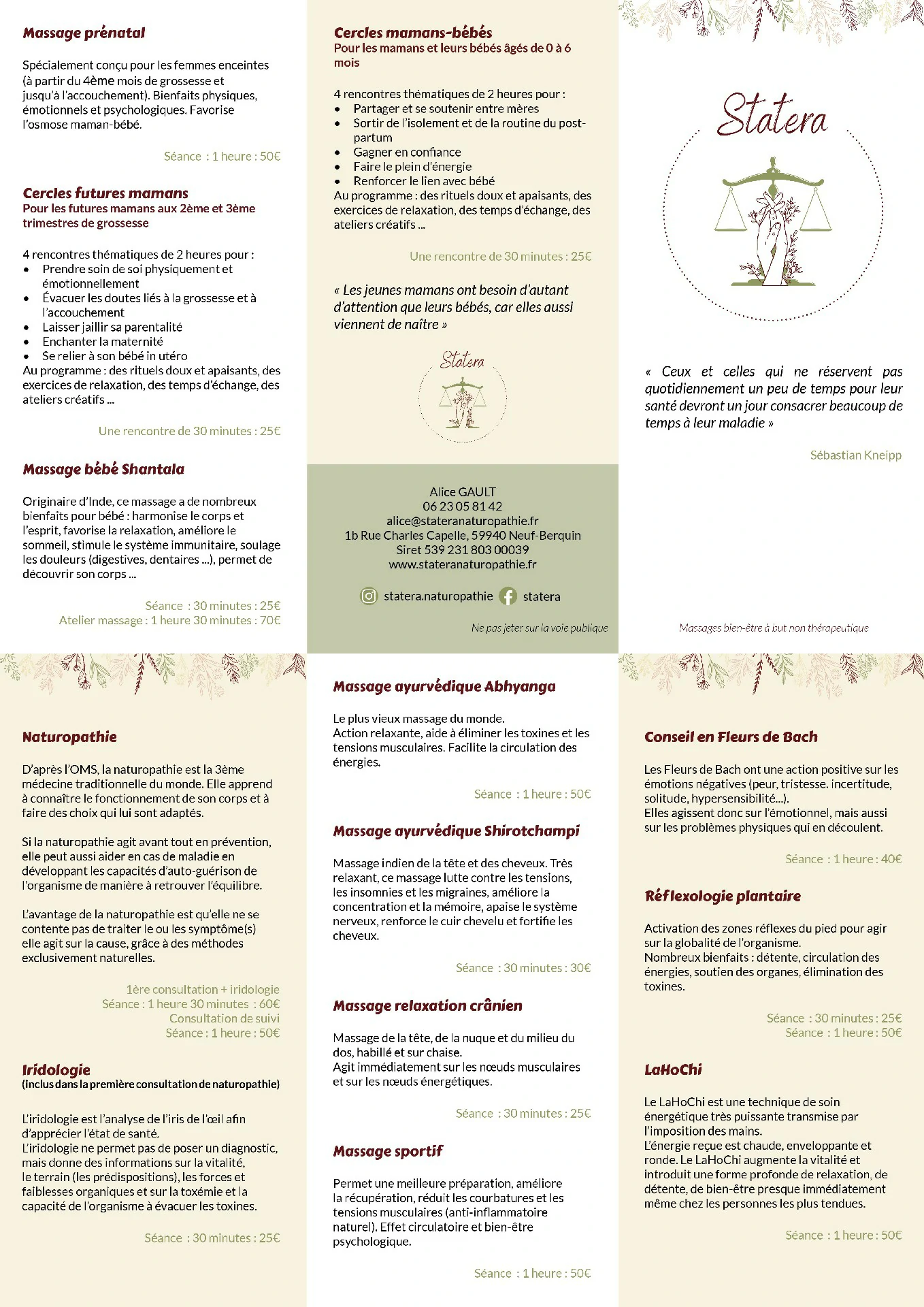 Flyer Statera Dépliant Statera détaillant les tarifs des massages et des consultations en naturopathie