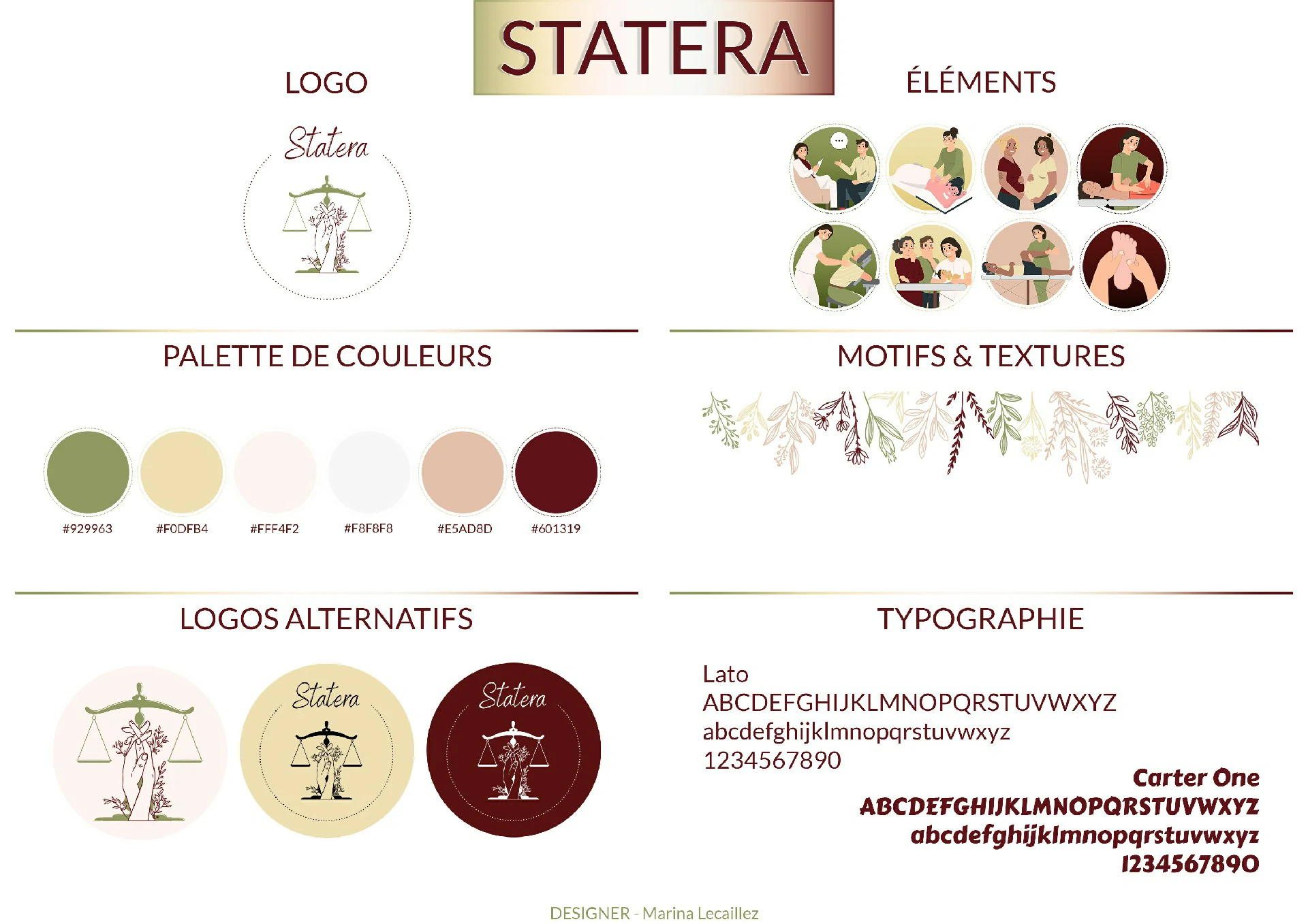 Charte Graphique Stater Planche de marque Statera avec logo de balance végétale, palette de couleurs naturelles et typographie