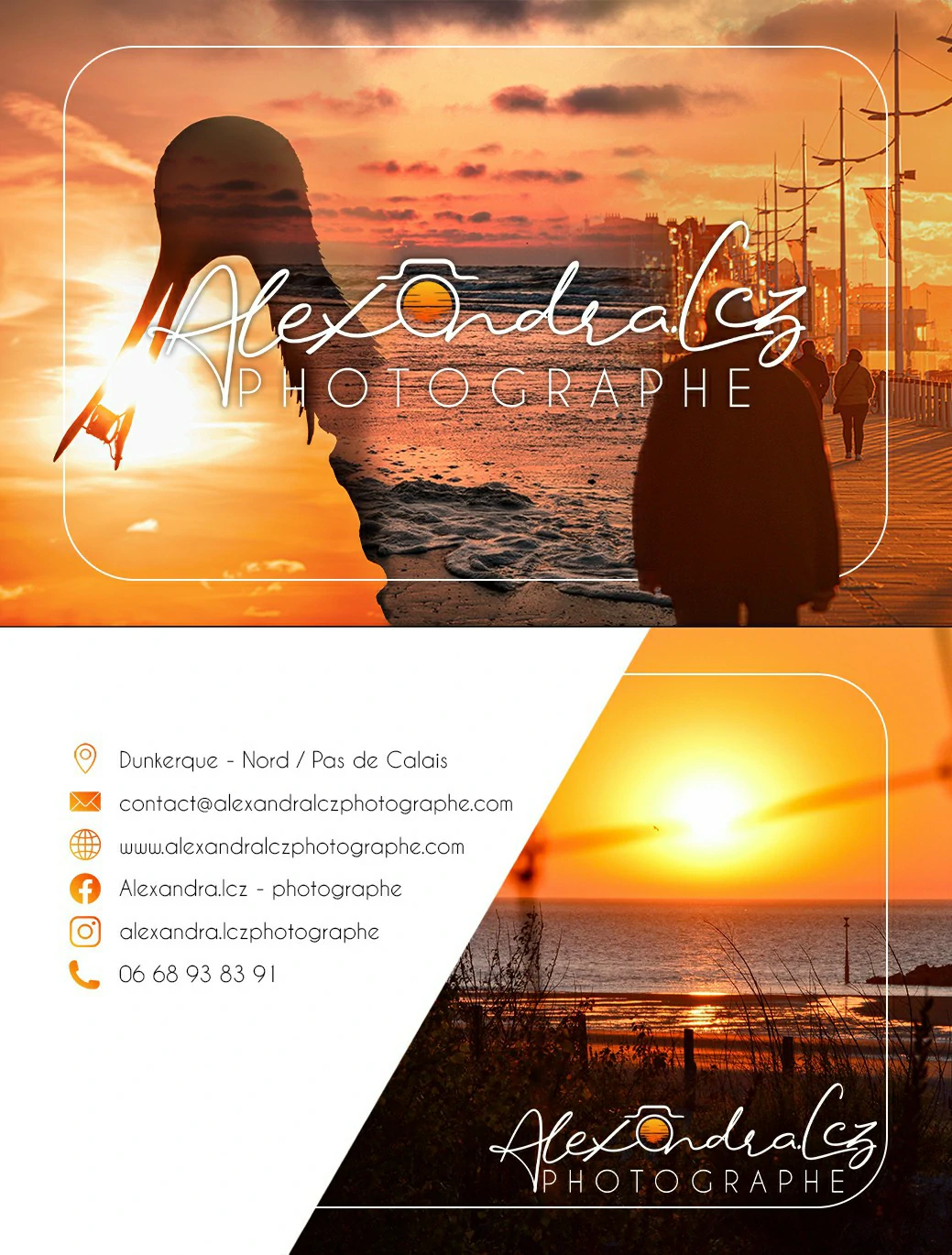Carte de Visite Alexandra.Lcz recto-verso montrant une silhouette au crépuscule et ses coordonnées