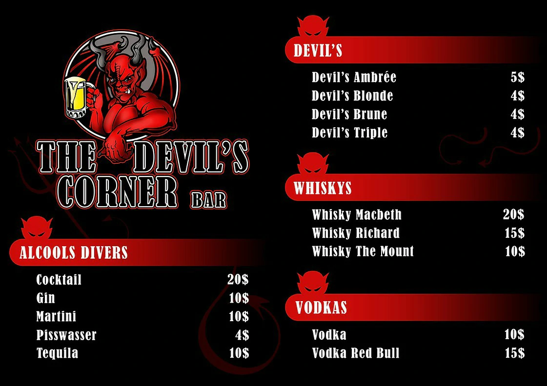 Menu The Devil's Corner : Une carte de bar sombre, noire et rouge vif. Le logo montre un diable musclé tenant une pinte. Le menu affiche les prix de plusieurs alcools, bières, whiskys et vodkas.