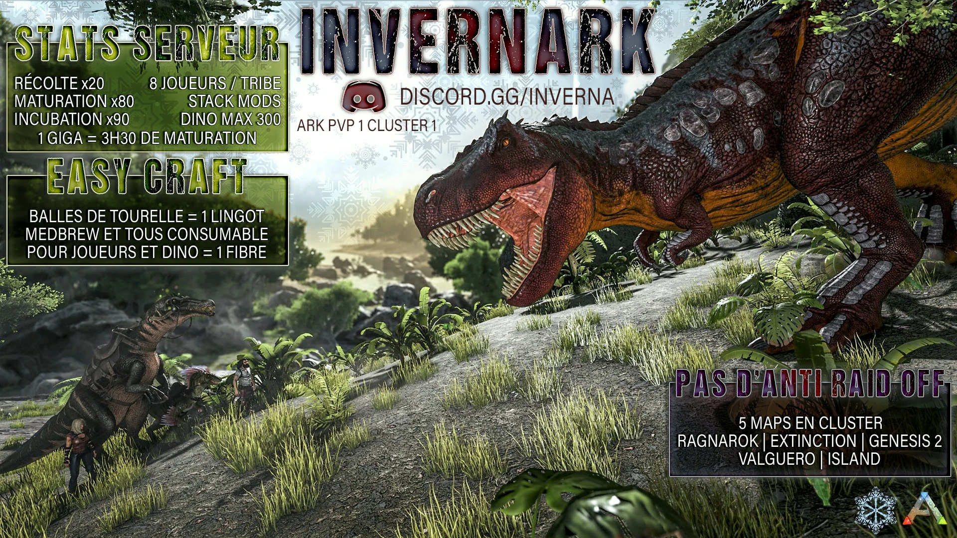 Affiche Invernark PVP Une scène de tension pour un serveur de survie. Un immense T-Rex fixe un joueur accompagné de petits dinosaures. Les règles et les statistiques du serveur encadrent l'action.