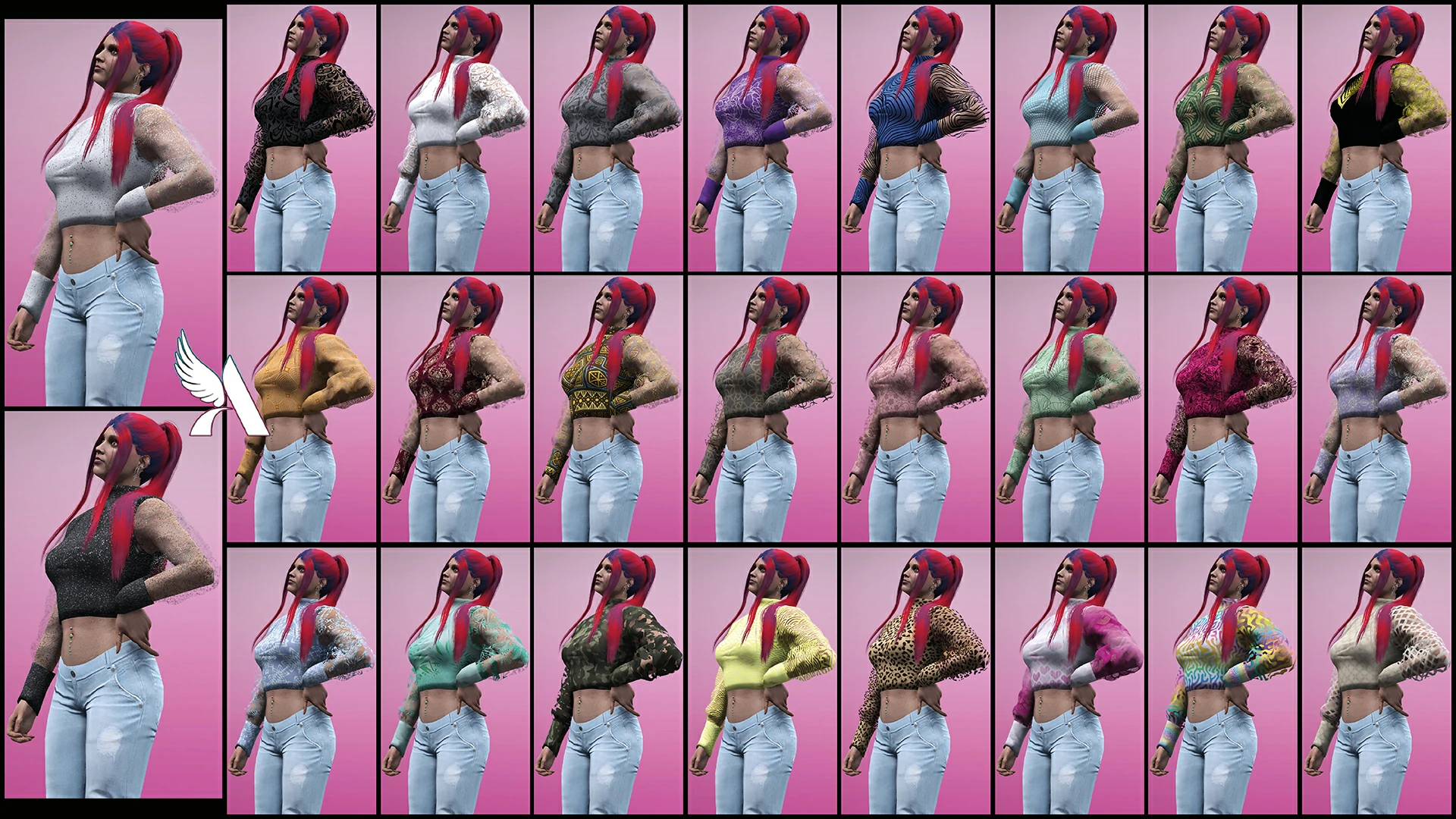 Pulls féminins : Une grille de catalogue de mode virtuelle. Un personnage féminin pose avec un petit pull court, décliné en vingt couleurs et motifs différents sur un fond rose.