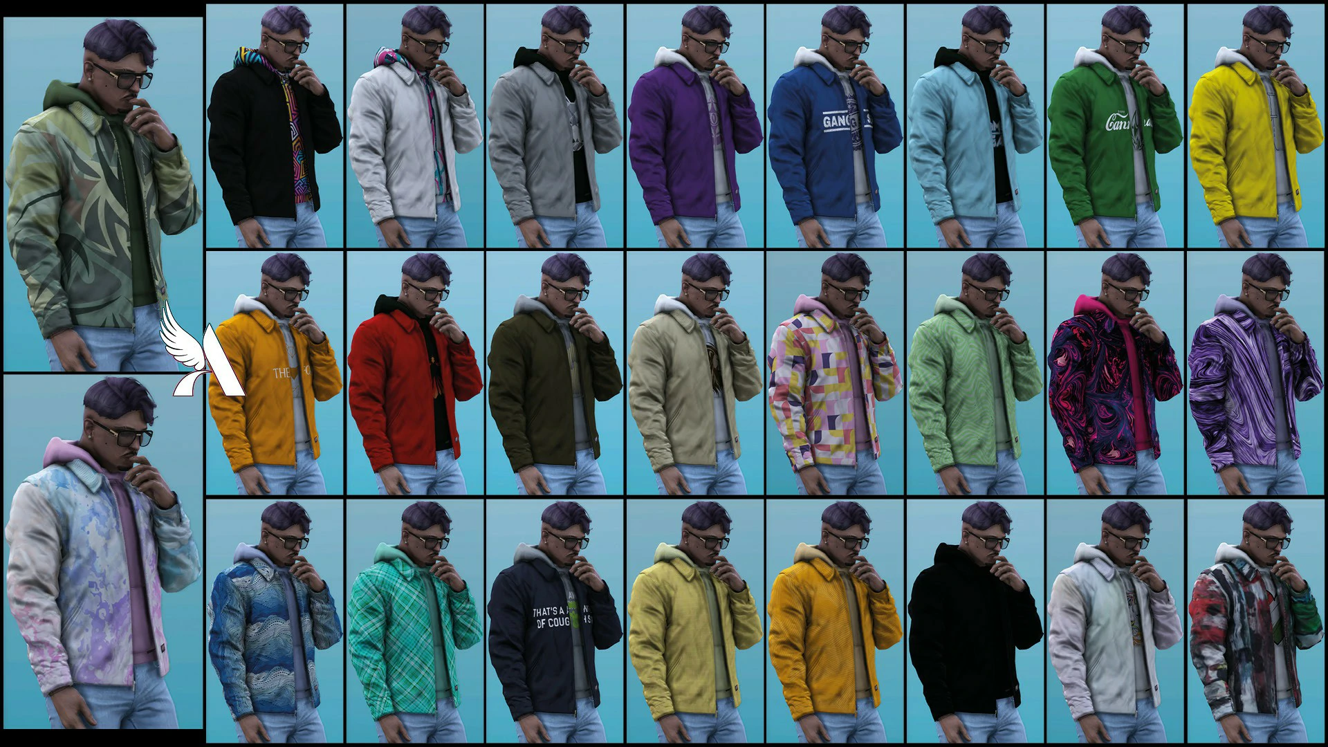 Vestes masculines : Un catalogue de vêtements de jeu. Un personnage masculin porte une veste par-dessus un sweat à capuche, montrée en vingt styles colorés sur un fond bleu.