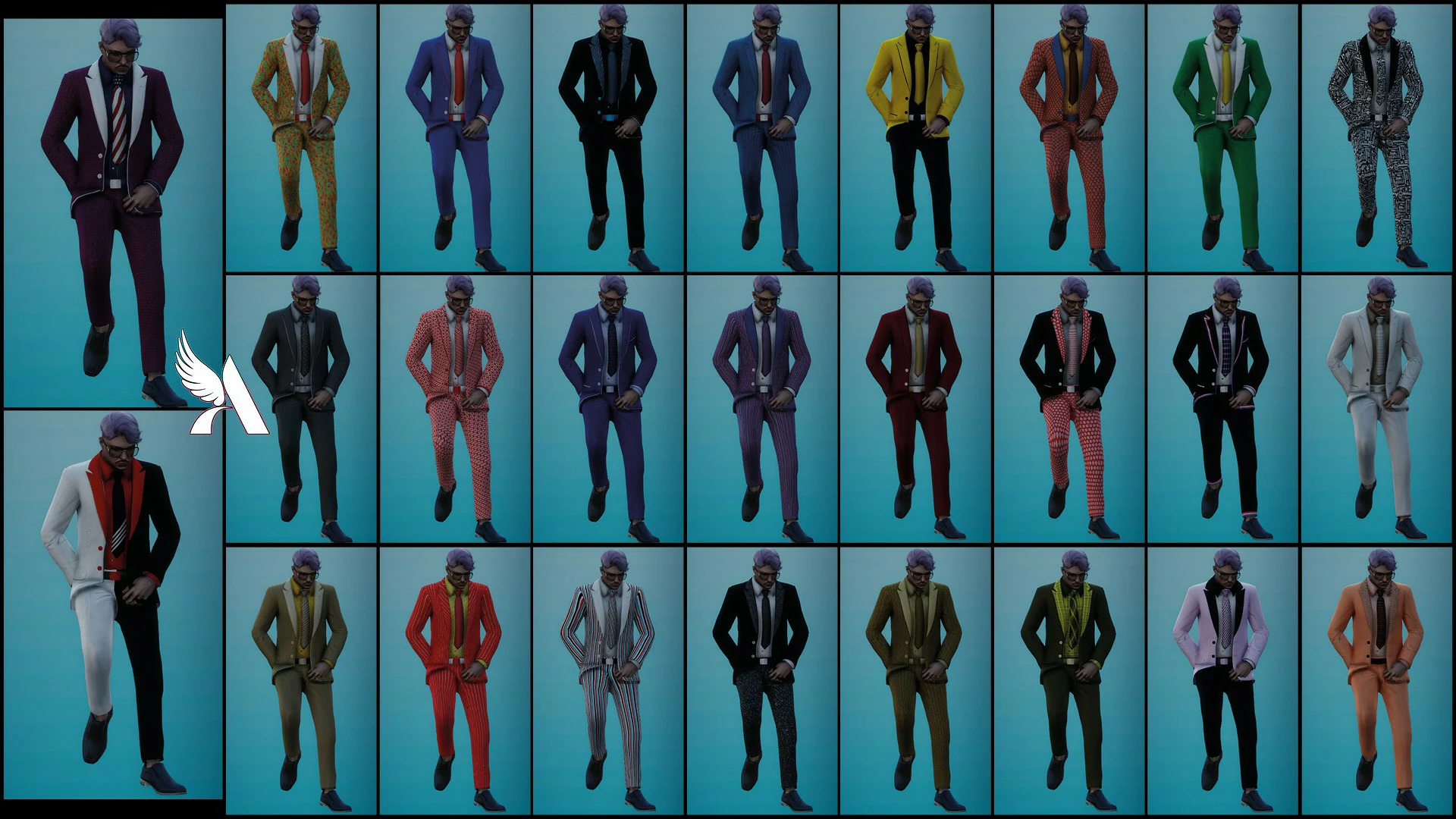 Costumes masculins : Un personnage masculin affiche un costume cravate complet, proposé en vingt variantes de couleurs sur fond bleu.