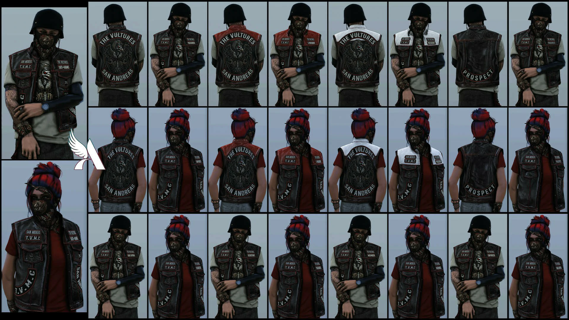 Gilets de bikers : Une présentation brute de blousons en cuir. Des personnages au visage masqué portent des gilets avec le gros écusson du club The Vultures San Andreas, vus de face et de dos.